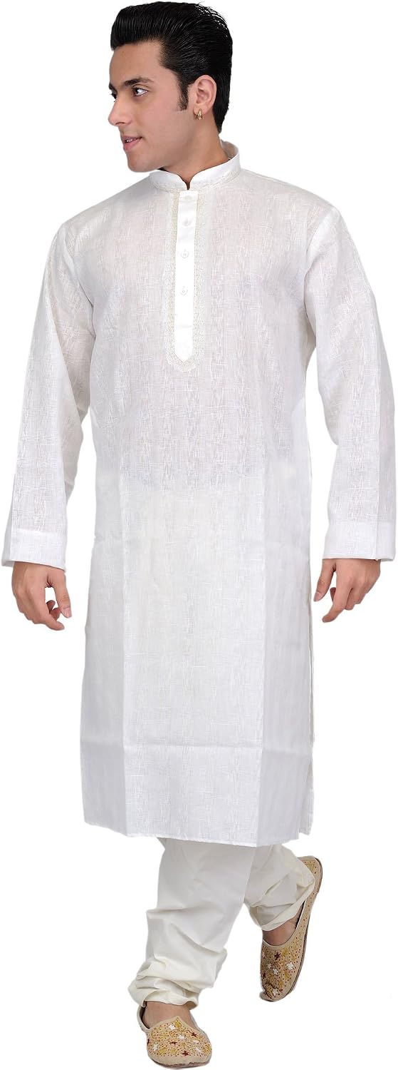 Exotic India Khadi Kurta Pajama with Wide Woven Stripes and Embroidery on Neck
