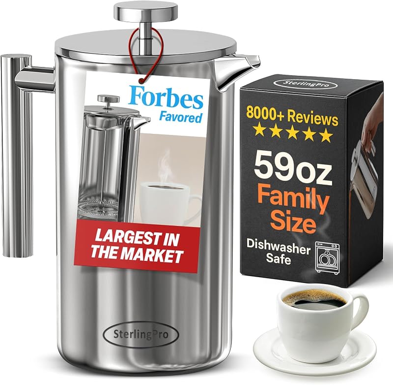 Non-Toxic Extra Large Insulated Stainless Steel French Press Coffee Maker 59oz – Metal XXL Double Wall French Press | Plastic Free | Cool-Touch | Mirror Finish | Makes up to 16 Cups/8 Mugs