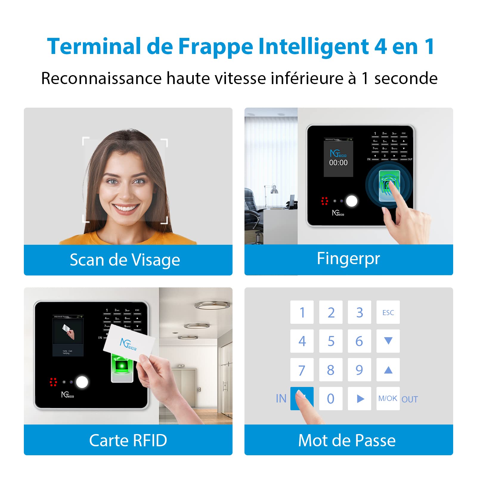 NGTeco Pointeuse Horaire Personnel MB2,WiFi badgeuse d'entreprise avec Visage, Empreintes Digitales, RFID et Codes PIN, Machine de pointage pour iOS/Android Apps (English)