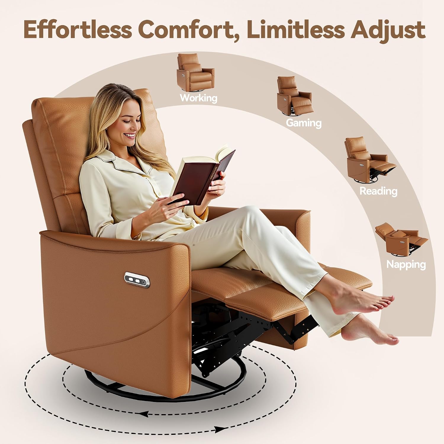 BedsPick Power Swivel Rocker Recliner Chair, Glider Nursery Recliner Chair with Lumbar Support, Leather Swivel Rocker Recliner with USB & Type-C Ports (Brown)