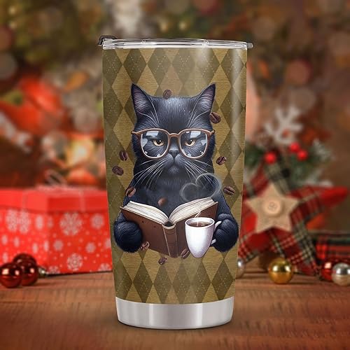 Vista 82 de Vaso de gato de terror con tapa, taza de película de terror de acero inoxidable de 20 onzas, taza de café única con gatos, Navidad, Halloween, Vaso