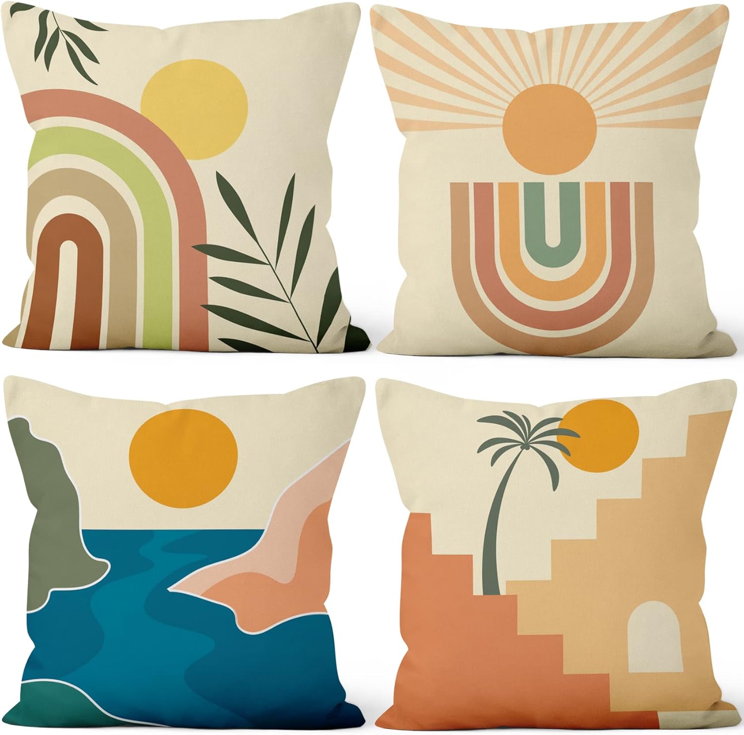 AWERT Boho Throw Pillow Covers Minimalist Art Women Face Decorative Pillow Covers Double-Side Printed Outdoor Patio Home Decor Bed Sofa Pillow Cases 18x18 inch Set of 4