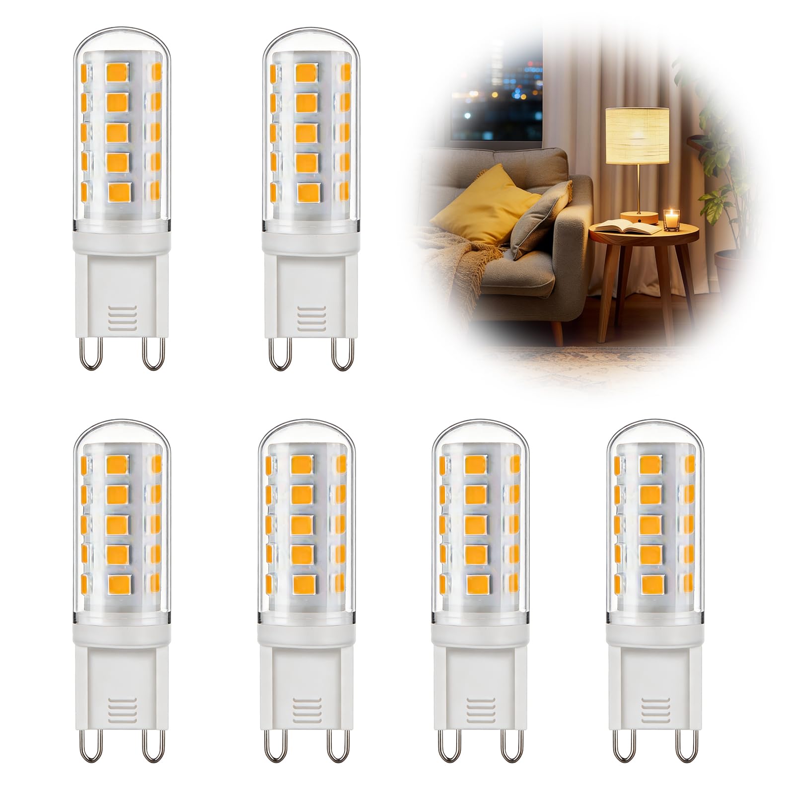 6 Pack G9 LED Bulbs Warm White 3.5W, G9 bulb 2700K 510LM, Equivalent to 40W Halogen Non-Dimmable Energy Saving Flicker-Free Light for Home Office Chandelier Wall Sconce Ceiling Fan [Energy Class C]
