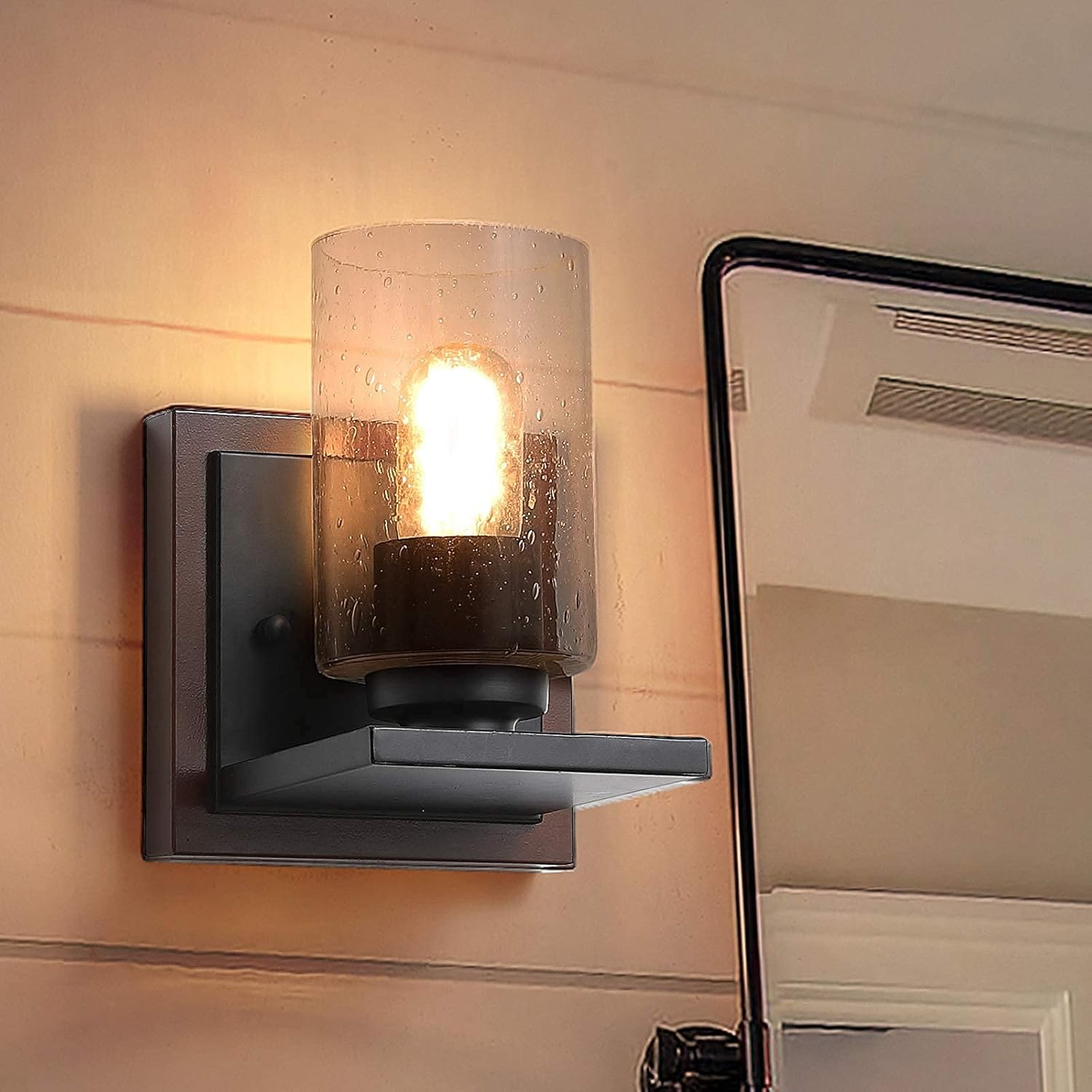 Bеѕt Quаlіtу 🔥 PUSU 1-Light Wall Lamp,Wood Wall Sconce,Black Bathroom Light Fixtures with Seeded Glass Shade,Adjustable Lighting,Farmhouse Wall Light for Vanity Hallway Bedroom Entryway Passway