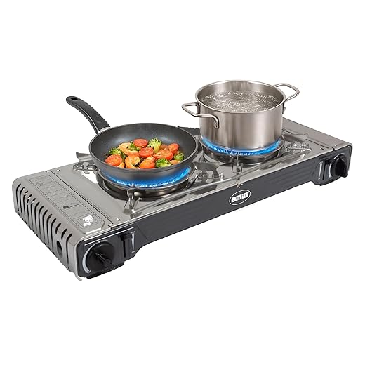 Amig - Réchaud de Camping | Cuisine Portable | 2X Brûleurs | Inclut Plancha - Grille en Fonte | Acier Inoxydable | Puissance 2,2 kW x 2 | Compatible avec Cartouches B-250