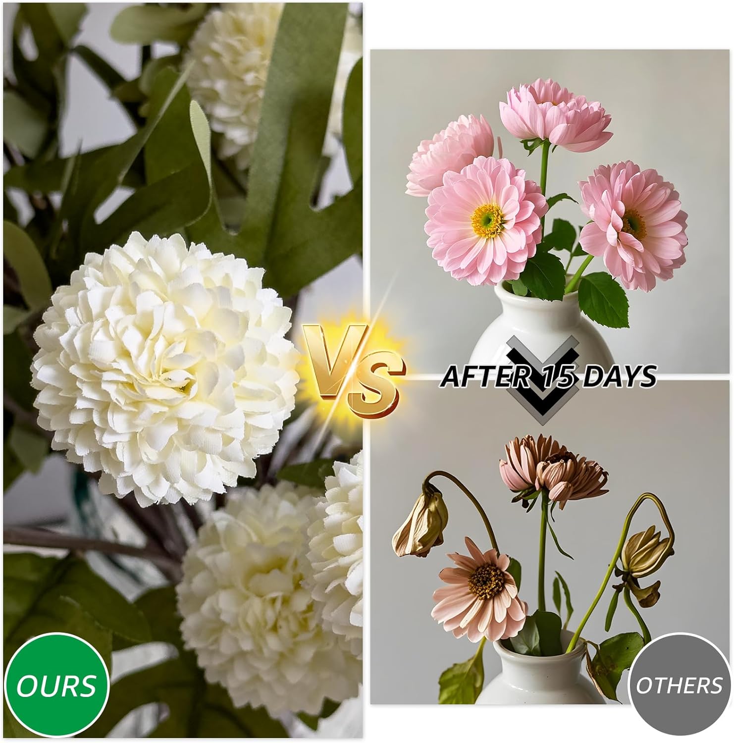 Artificial Flowers 10 Pcs Faux Silk Pompon Mum, Bulk Fake Flowers Mini Chrysanthemums with Stems for DIY Bouquet Centerpieces Wedding Fillers Champagne Arrangements Room Decor, White - Image 3