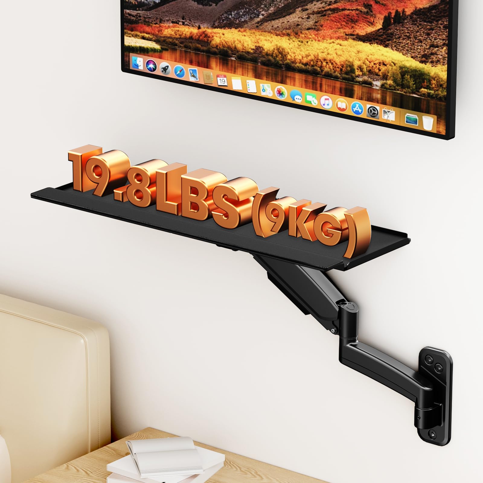 Supporto a muro per tastiera, vassoio girevole e pieghevole, capacità di carico 9 kg, regolazione multidirezionale, colore nero
