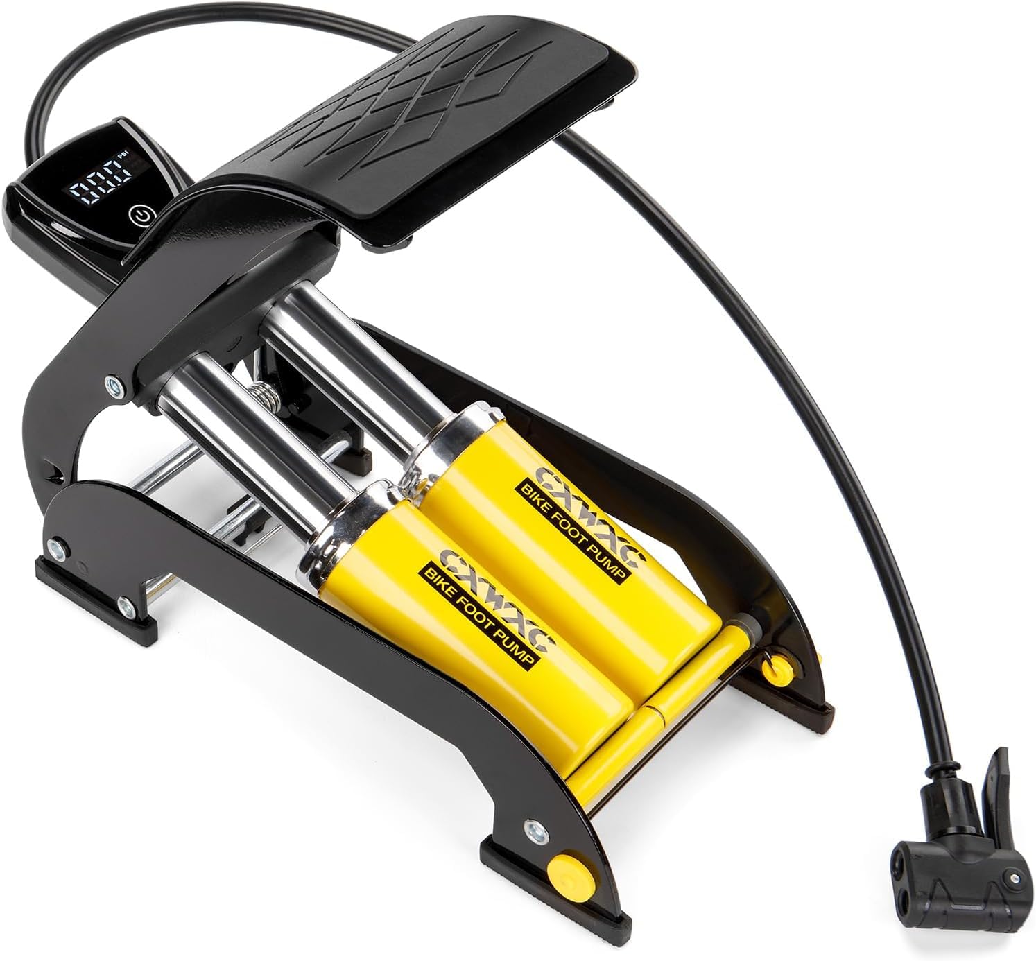 CXWXC Pompe à pied avec manomètre numérique 160 PSI – Pompe à air double cylindre compatible avec valves Schrader et Presta – Pour vélos, motos, ballons, gonflables, matelas pneumatiques et équipement