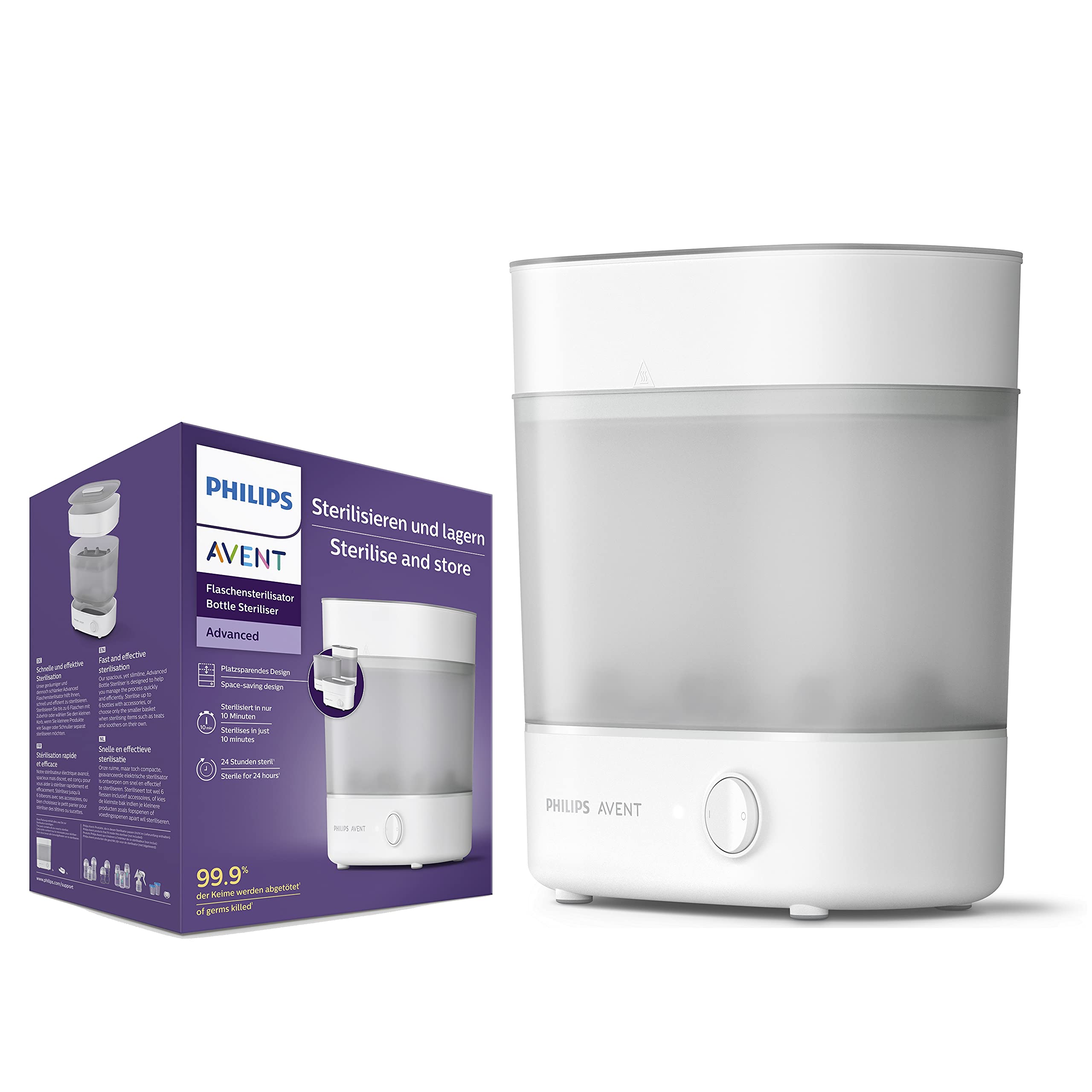 Philips Avent SCF291/00 Sterilisator für bis zu 6 Babyflaschen, Sauger und Zubehör, Vaporisator Baby mit modularem Design, weiß & SCF149/00 Trockenständer, weiß/blau