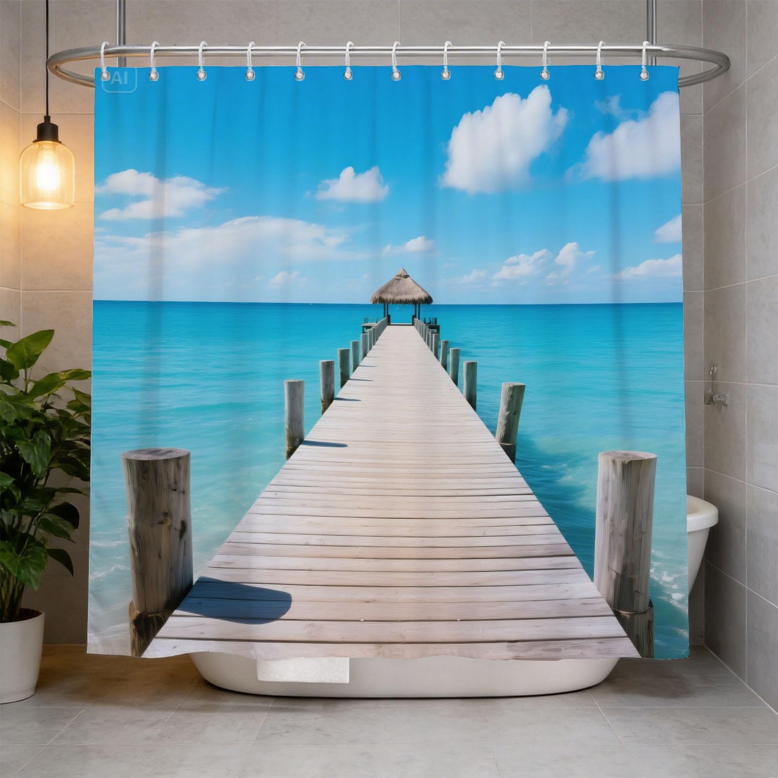 Hongduo 3D Seaside Pier Shower Curtain for Stalls Bathtubs Vacation Vibe Bathroom Decor Shower Curtain Set Polyester Fabric Waterproof 180x180cm/71X71 Inch with Hooks