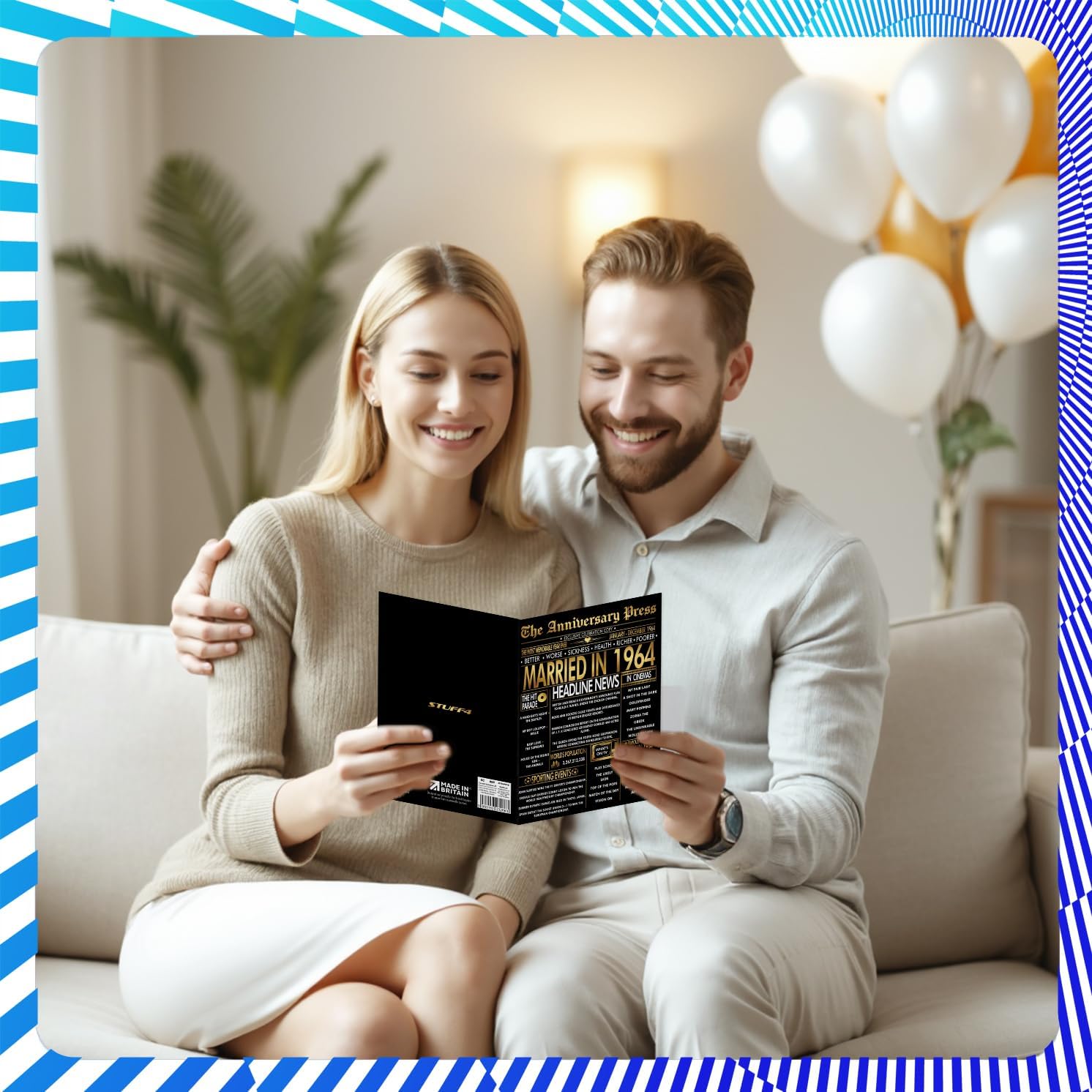 Stuff4 Gold 62nd Anniversary Card for Women Men - Golden Newspaper Married in 1964-62 Year Wedding Anniversary Card for Partner Wife Companion Husband, 5x7 Inch Anniversaries Greeting Cards