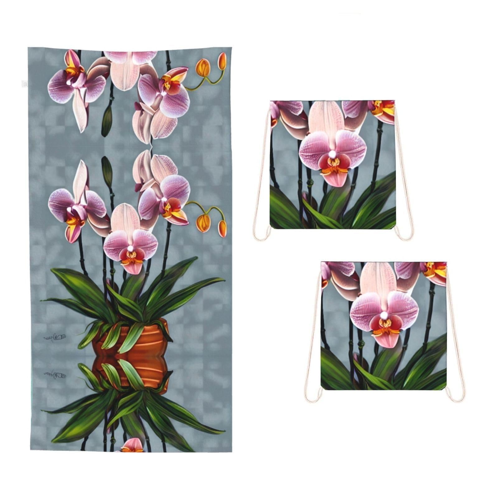 CNTDBU Blooming Orchids 2 in 1 Packable Towel Bag-Large Beach Towel with Stuff Sack, Super Absorbent Microfiber Travel Towel for Pool