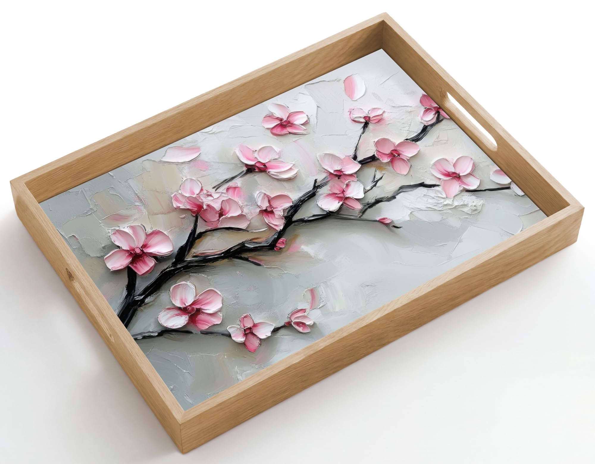 Plateau Bois Plateaux Service Decoratif Table Dejeuner Résistant | 50x35 cm - Rectangulaire - Aux Rayures Cafe Deco Chene Déjeuner Blossom - Artistique - Rose - Sakura