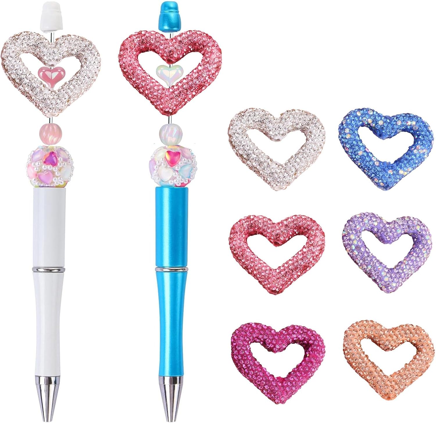 6 Pack Rhinestone Beads for Beadable Pens Metal Crystal Cute Loose Large Spacer Bead Charms for Jewelry Making Beadable Keychain Earring Necklace DIY Crafts Heart (Hollow Heart 6 Colors)
