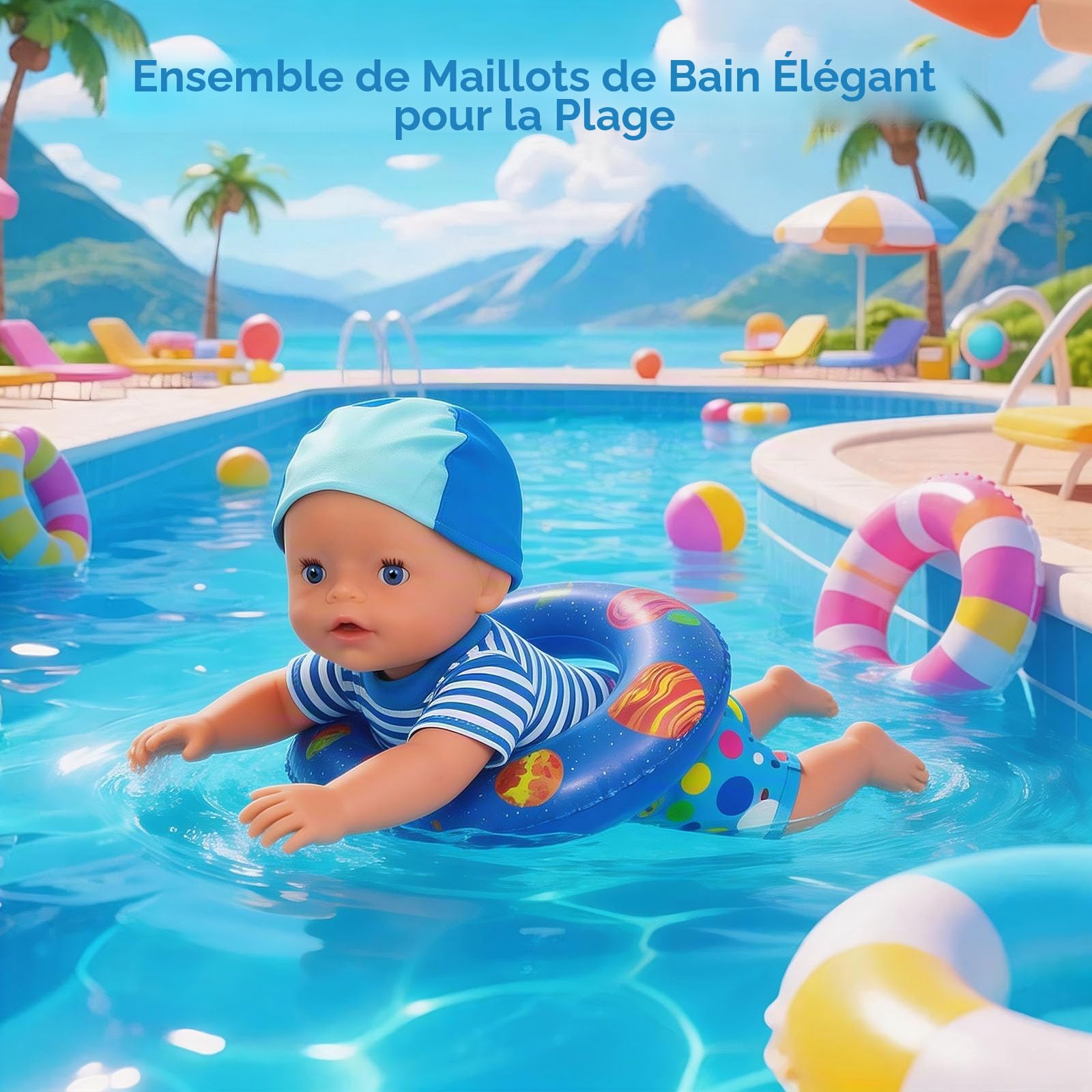 Lot de 6 maillots de bain pour poupées de 35 à 45 cm, motif bleu marine avec bonnet de bain, bouée, chaussures et lunettes de soleil pour poupées de 35 à 45 cm
