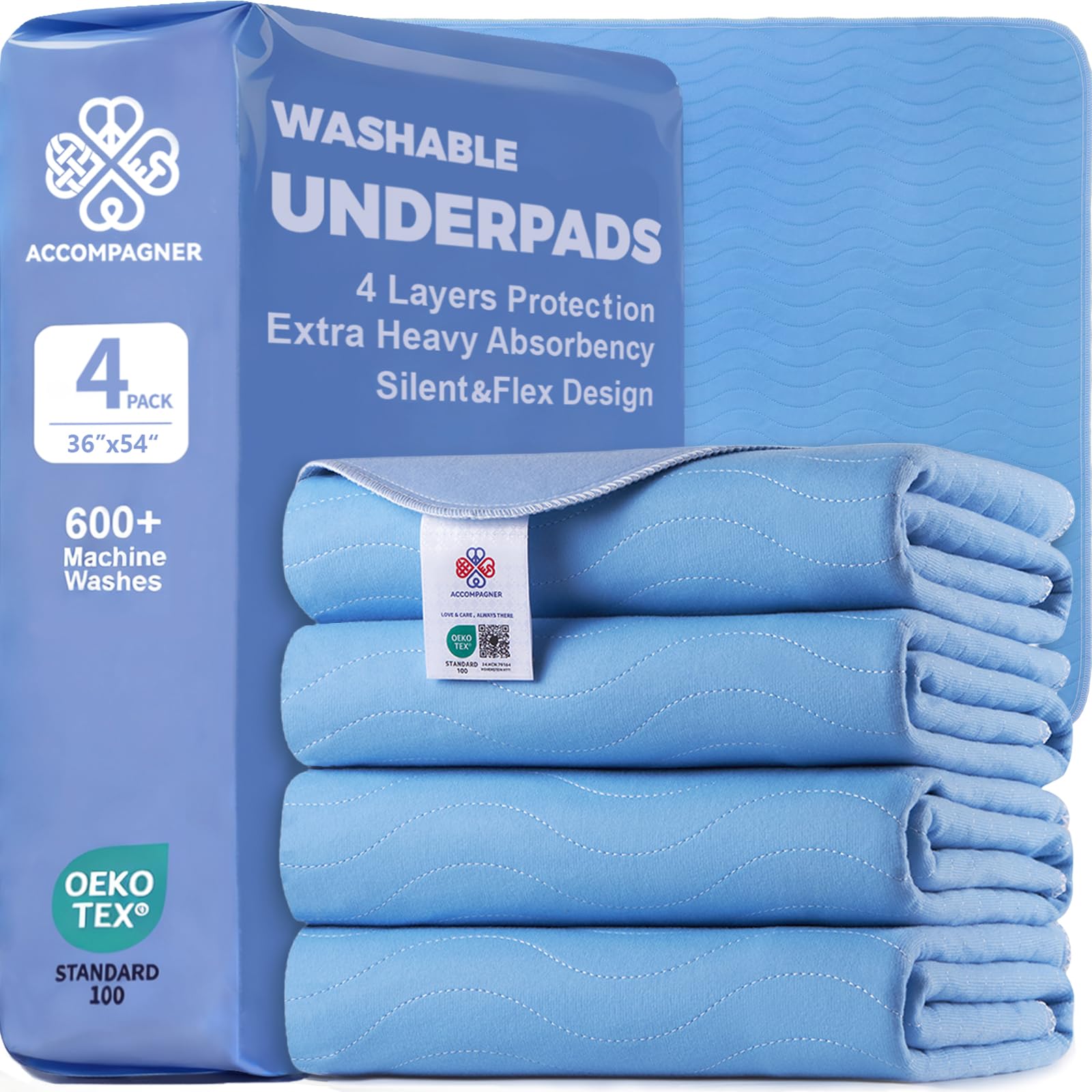 Accompagner Incontinence Bed Pads Washable Waterproof, Ultra-Absorbent Reusable Underpads for Diaper Changing, Nursing, Bedridden, Adults, Seniors, Kids and Dogs (Blue, 36"x54"(Pack of 4))