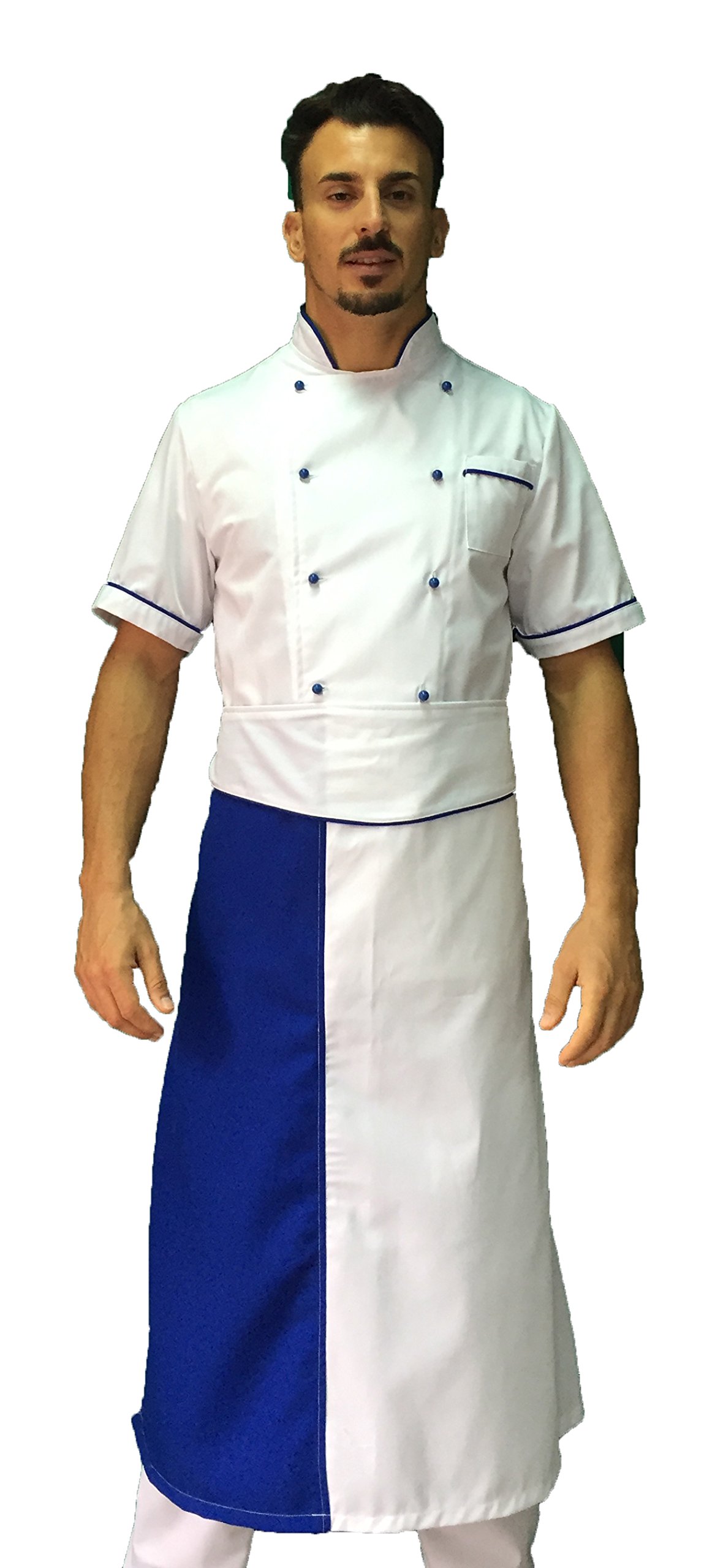 Bordado gratuito – Juego de cocinero de cocina – Uniforme Chef blanco y Royal – Chaqueta, pantalón y delantal – Fabricado en Italia