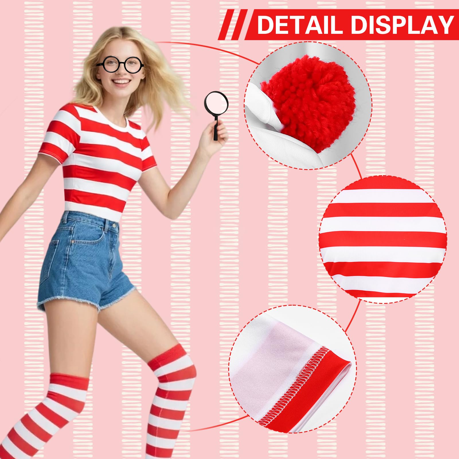 Meriviva Adult World Book Day Costumes, Red and White Striped Top Set including Hat Glasses Magnifying Glass - Image 2