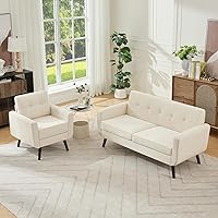 Vista 1 de Tbfit Sofá moderno de mediados de siglo, beige, sofá biplaza y silla decorativa linen fabric, button tufted, solid wood foot, pocket spring, wood