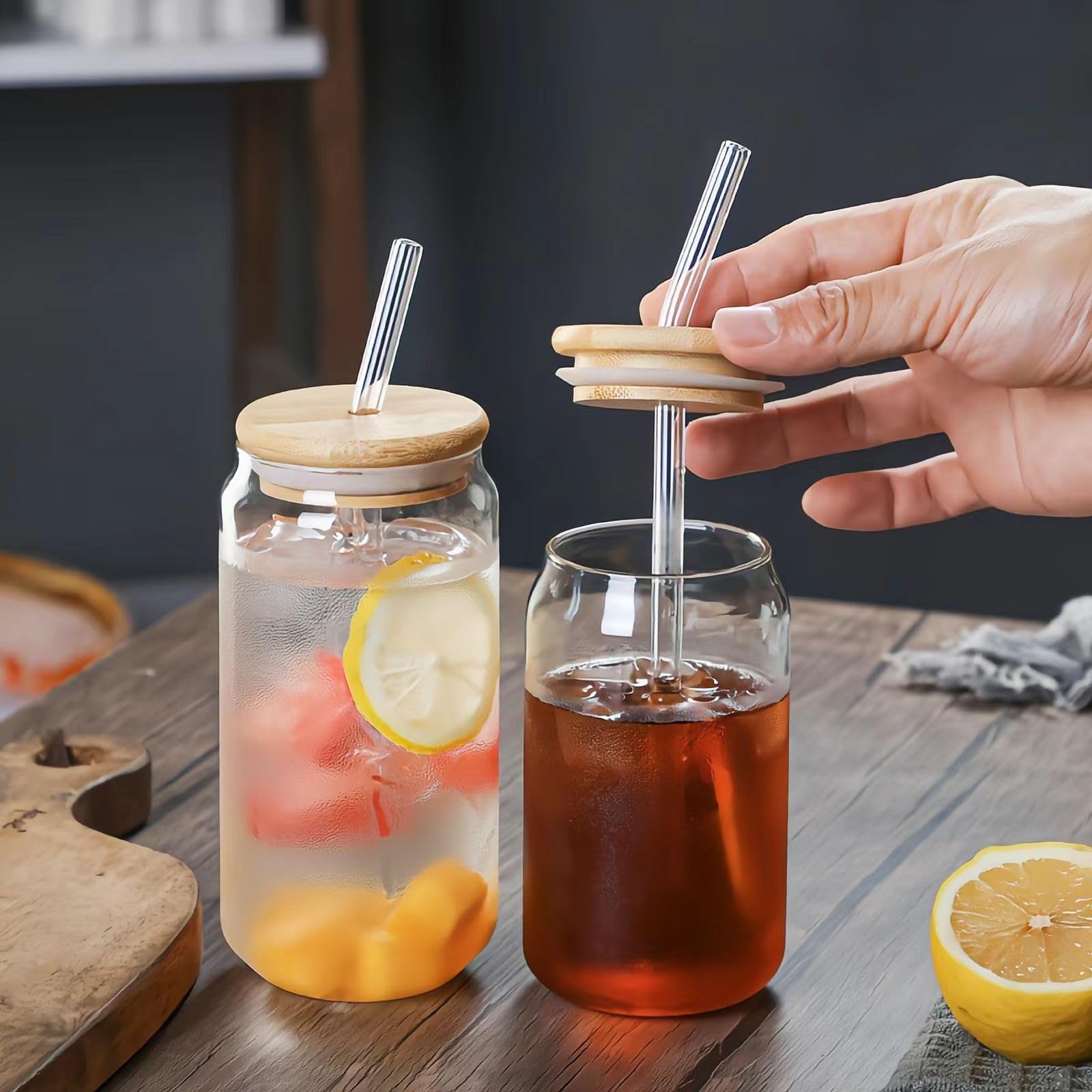 Aesthetic Drinking Glass with Wooden Lid & Straw - 250ml | Mason Jar Style for Cold Beverages, Milkshakes, Smoothies, Cocktails - Perfect for Kitchen, Parties and Home Use 1