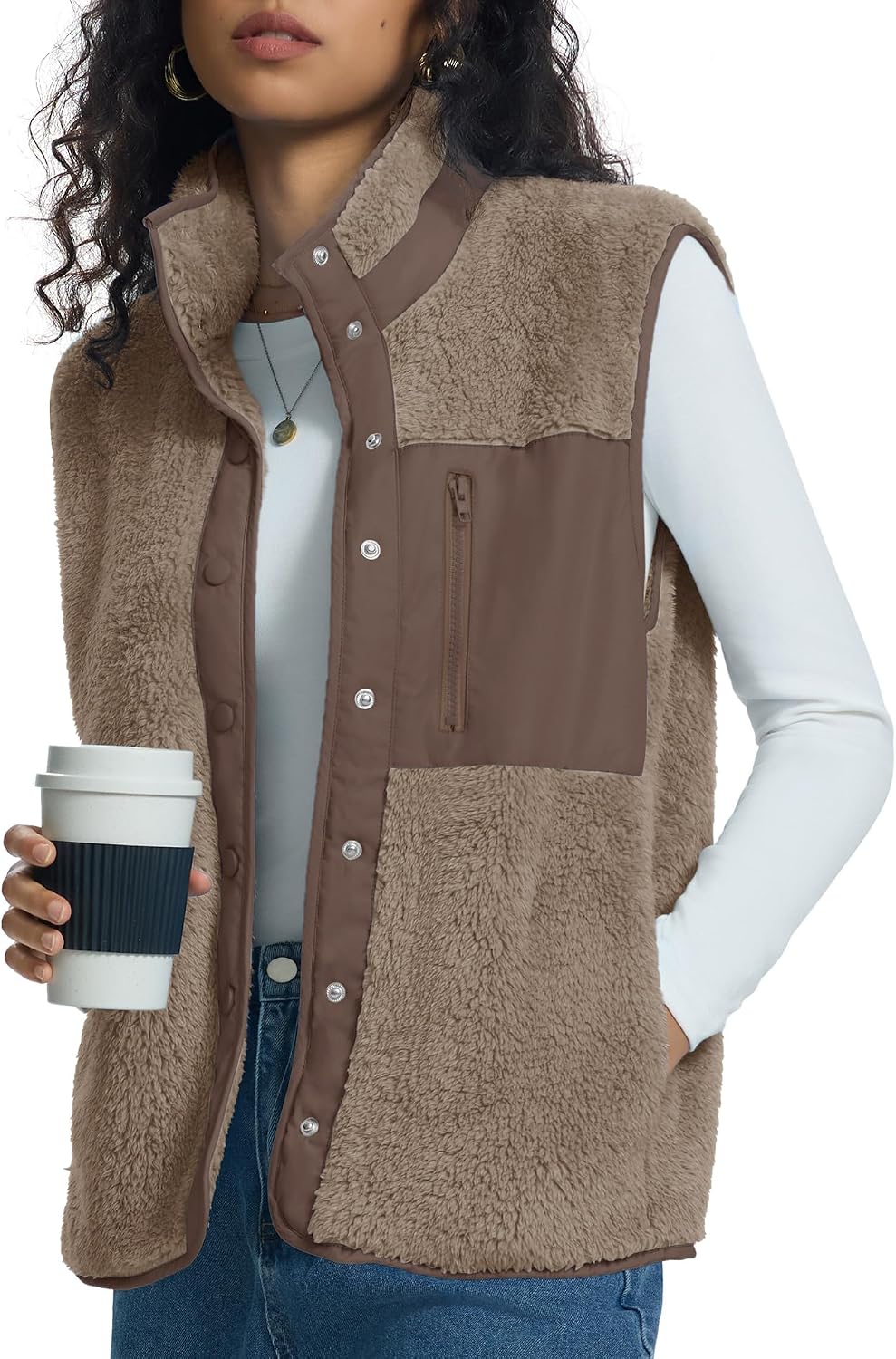 Kistore Teddy Fleece Vest Women Sleeveless Vest Stand-up Collar Teddy Jacket Light Autumn Coat Zipper Fleece Coat with Bags