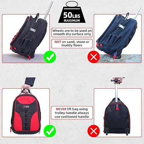 Miniatura 4 de Mochila para herramientas automotrices con ruedas, organizador de mochila de herramientas profesional resistente con 37 bolsillos e interior grande,