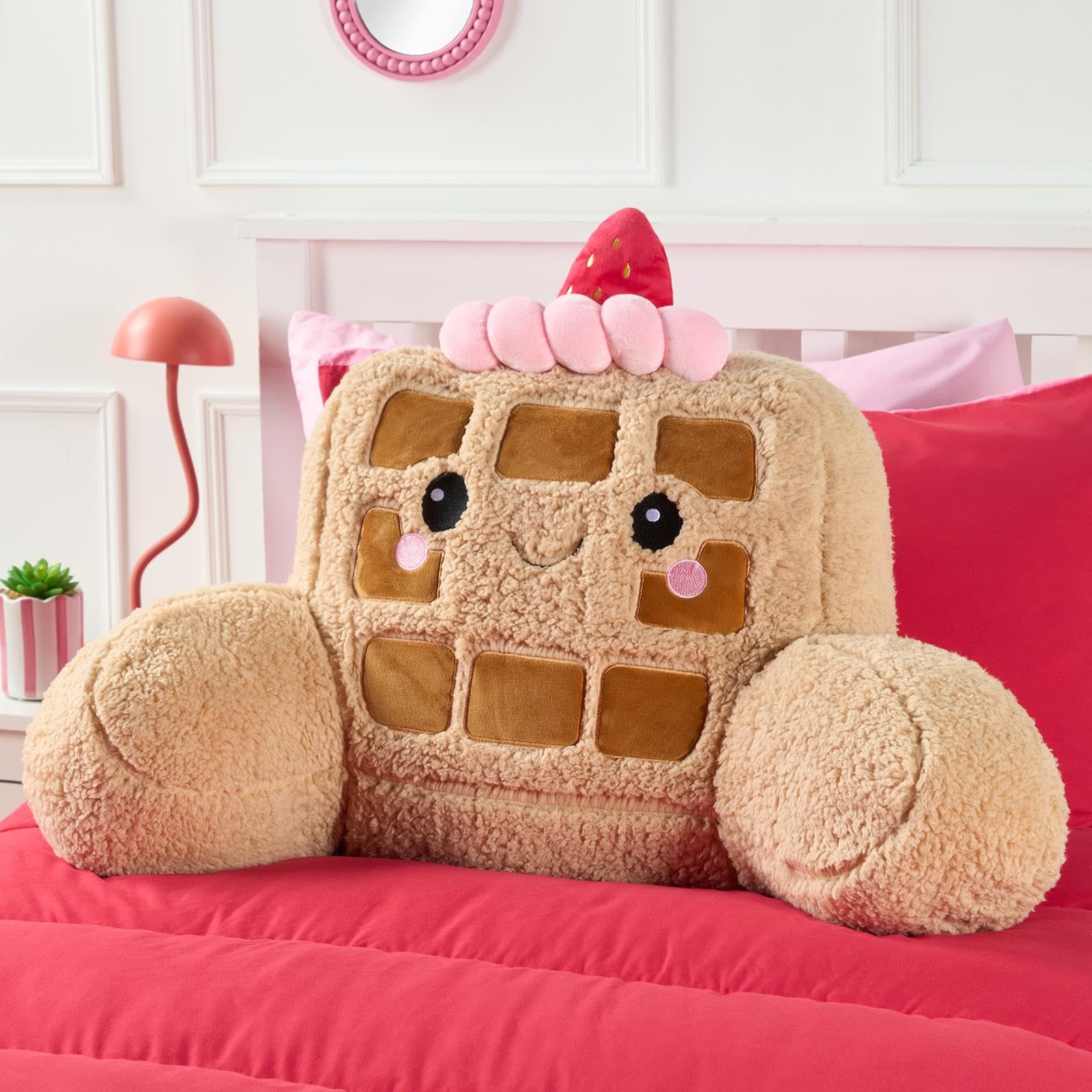 Ohs Honey The Waffle Waffle Cuddle Cushion For Adults, Comfy Reading Pillows Super Soft Teddy Fleece Kids Cushions With Arms Backrest Cushion Snuggle Hug Pillow Relaxing At Home, Natural/Pink - 85 X 46 X 49Cm