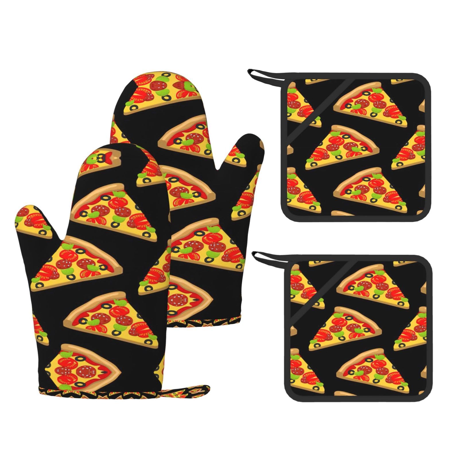 tasty pizza Printed Potholder and Oven Mitt Set of 4, High Heat Resistant Cooking Gloves for BBQ Grilling