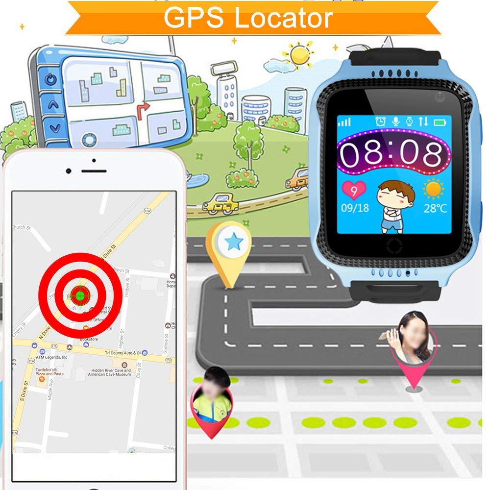 PTHTECHUS Reloj Inteligente GPS para Niños con Rastreador, Podómetro, Cámara SOS, Pantalla Táctil HD, Conversación Bidireccional - Regalo para Niños, Azul