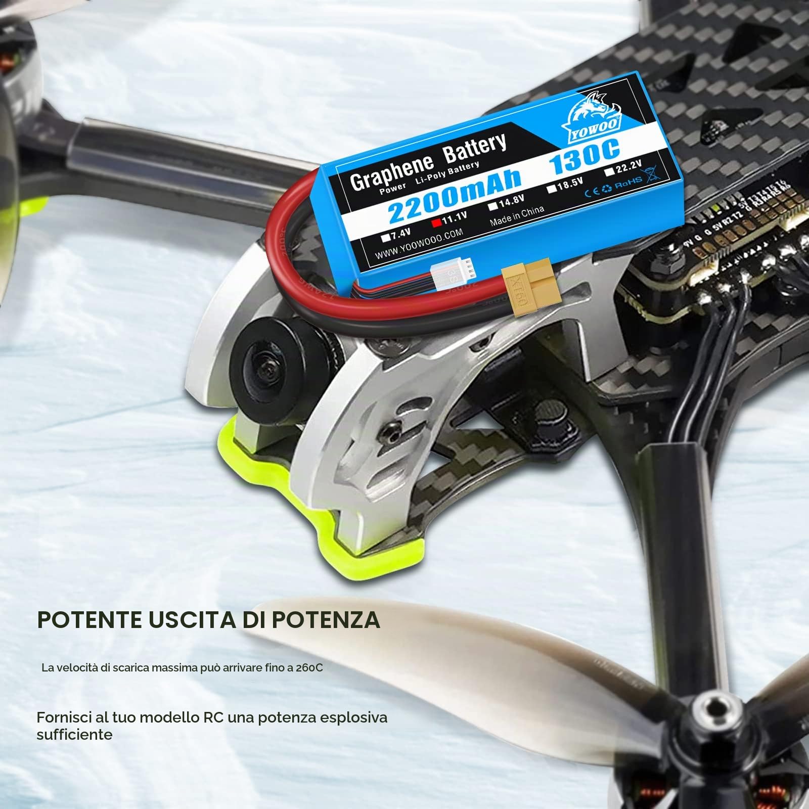 Yowoo 3S LiPo Batteria 2200mAh 11,1V 130C 3S RC Batteria Grafene con connettore XT60 spina per RC Auto Barca Camion Heli Aereo Quadcopter Elicottero Multi-Motore Hobby FAI DA TE (2 Batteria)