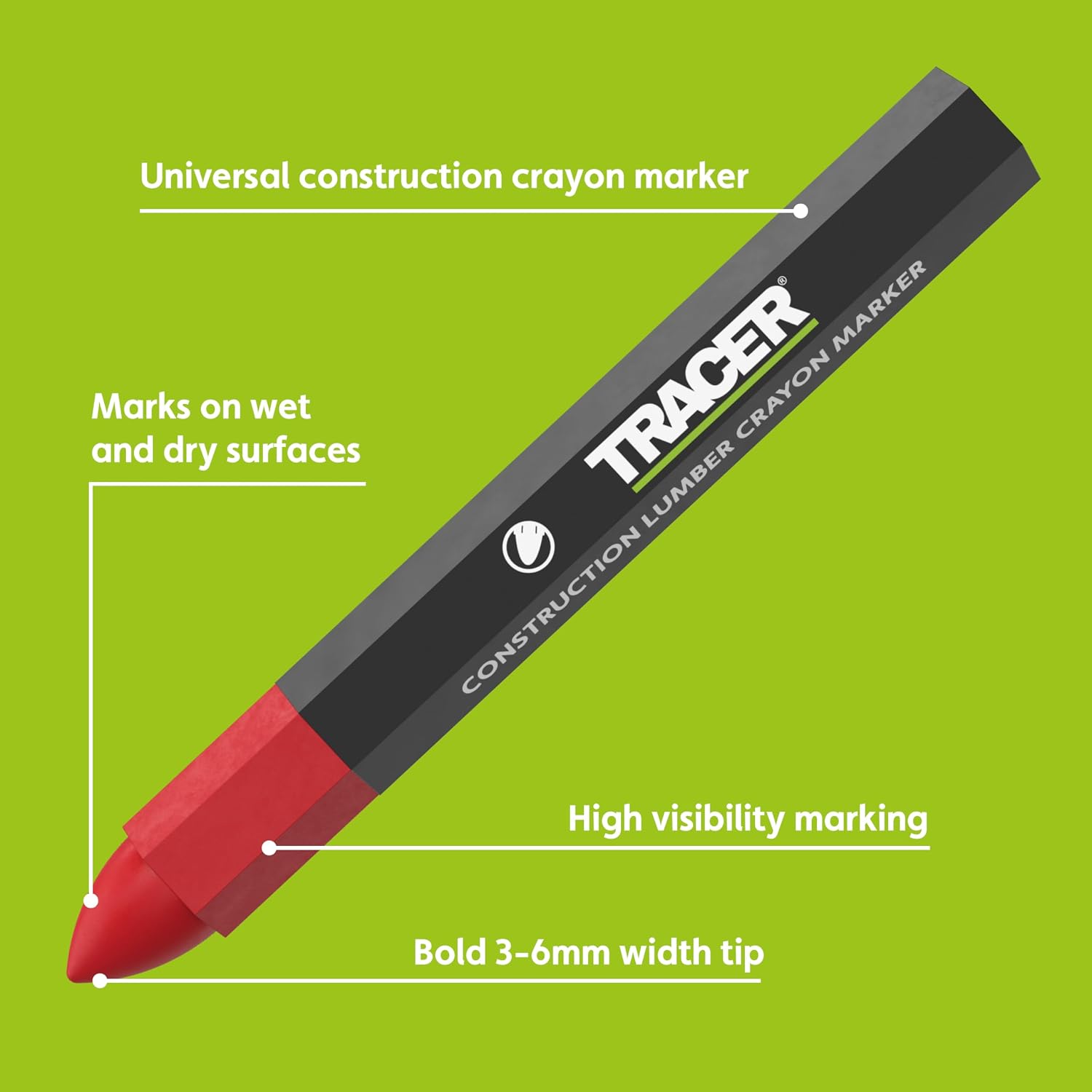 Tracer Red Lumber Crayon Markers - Construction Crayons, Pack of 12 | 12x red construction marking crayons, 3-6mm bold tip, multi-surface use on wood, metal, concrete, wet or dry