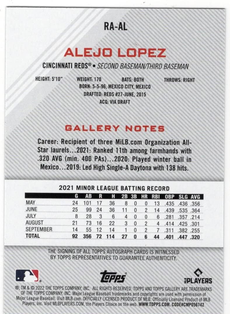 Alejo Lopez Autographed Rookie Card Collectible Baseball Card - 2022 Topps Gallery Baseball Card #RA-AL (Reds) Free Shipping
