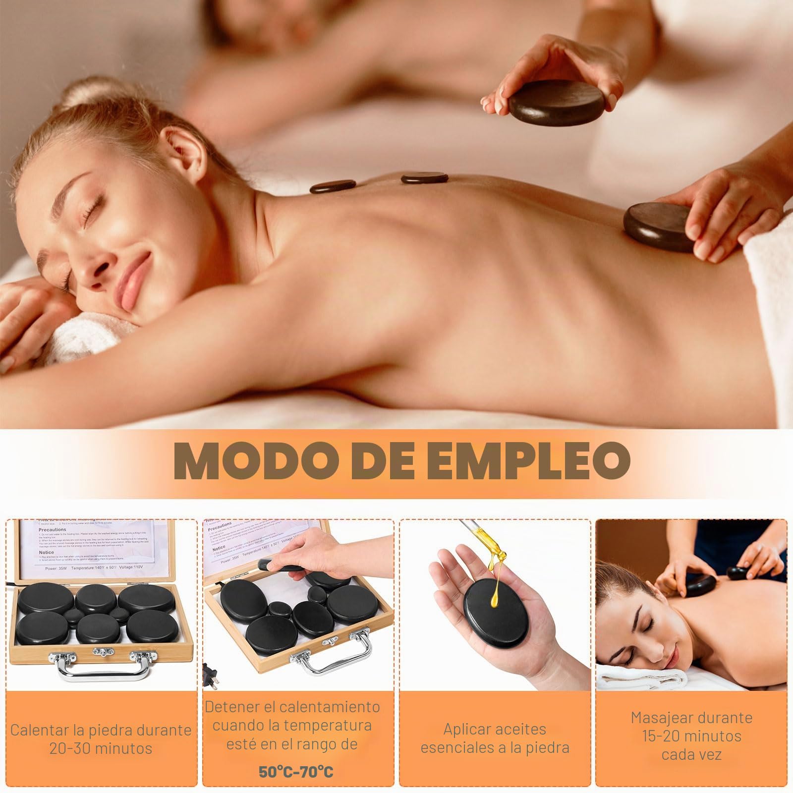 Hot Stone - Juego de 10 piedras calientes para masaje, basalto con caja de bambú, calentador de piedra caliente para spa, relajación, terapia de masaje, regalos para mamá