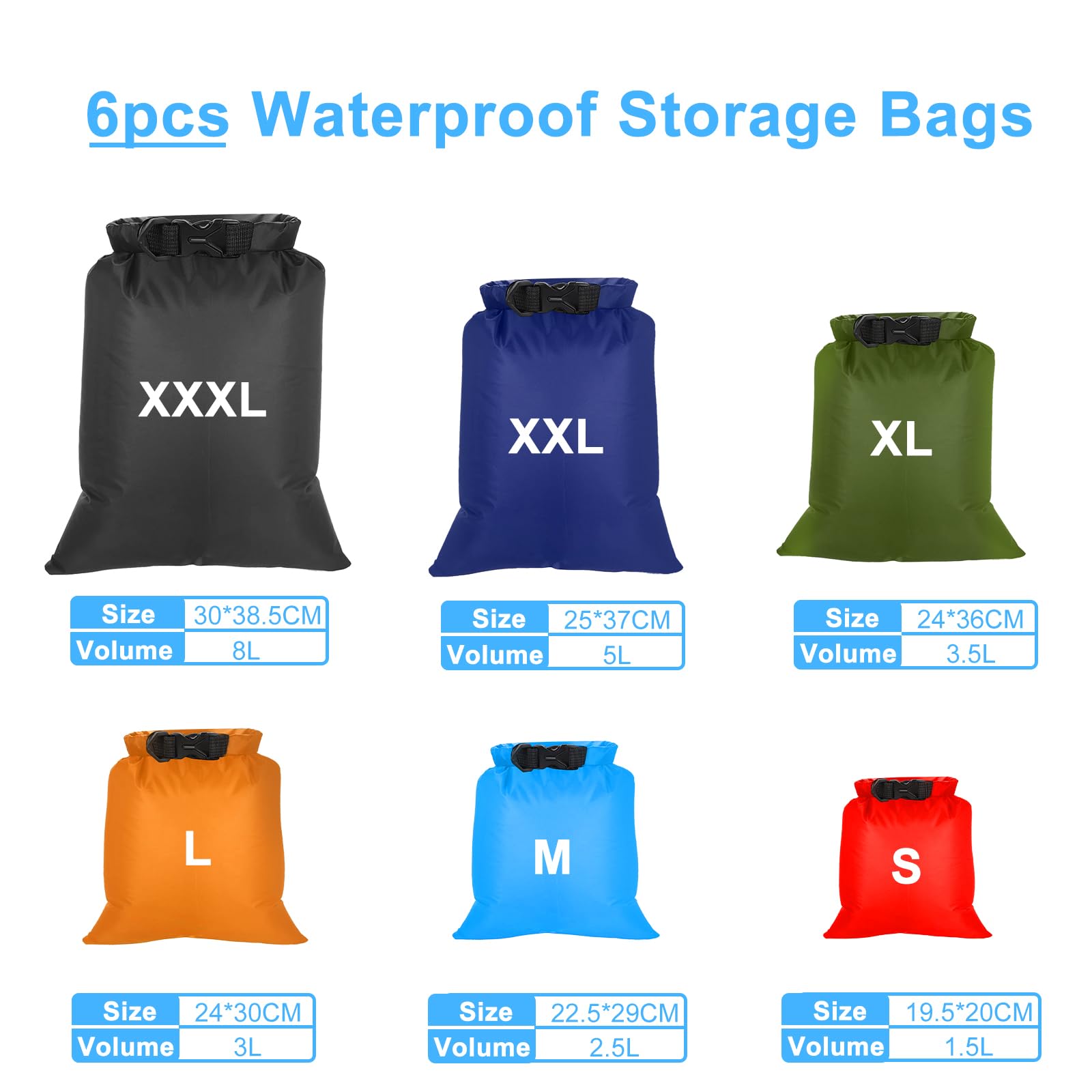 VFANDV Bolsa Estanca Impermeable 6 Piezas, 1.5/2.5/3/3.5/5/8L Bolsas Secas Ligeras Bolsas Secas Impermeables Bolsa Impermeable para Rafting Senderismo Viaje de Campamento Natación Esnórquel