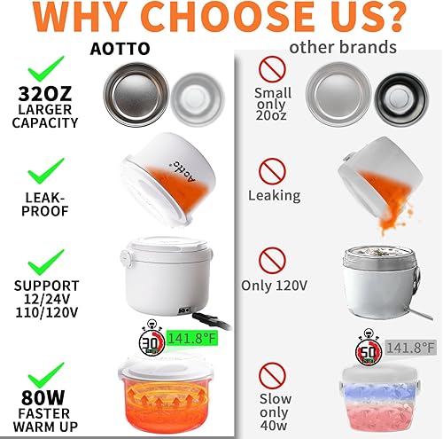 Miniatura 4 de Aotto Fiambrera eléctrica, calentador portátil de alimentos de 32 onzas, calentador de almuerzo portátil para el trabajo, oficina, automóvil,