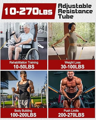 Miniatura 4 de 6Pcs Resistance Bands, Workout Bands 270lbs, Exercise Bands with Handles/Door Anchor/Ankle Straps/Bag/Poster for Men, Heavy Resistance Bands for