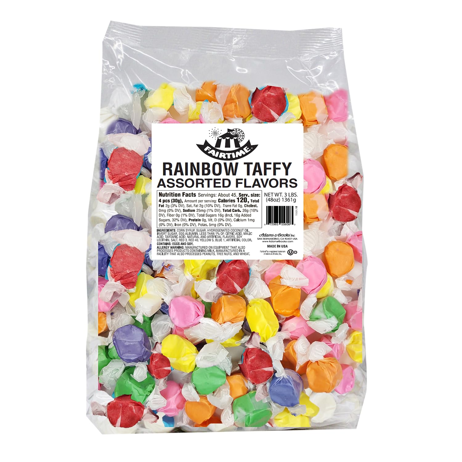 Fairtime Assorted Rainbow Taffy, 3 Pound Bag (Pack of 1) - Individually Wrapped Saltwater Taffy Candy Assorted Flavors Bulk Pack - Soft & Chewy Candy for Buffet, Party - Kosher Certified Soft Candies