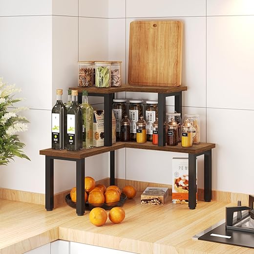 JOIN IRON Kitchen Countertop Organizer Corner Shelf, 2 Tier Shelf Moveable Corner Shelf Organizer, Space Saving Makeup Organizer Spice Rack Corner Plant Shelf