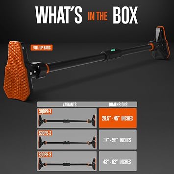SQUATZ Adjustable Pull-Up Bar - Strength Training Exercise Equipment with Automatic Locking, Adjustable Width 29 to 45 inches, Upper Body Workout Bar for Men and Women Home Gym Exercise