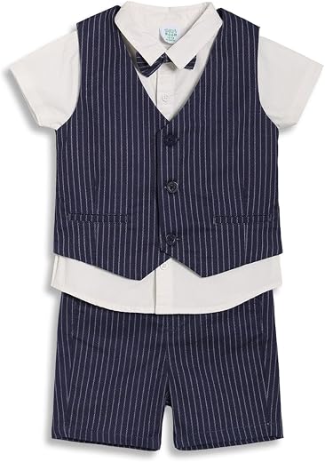 miniklub Kids Half Sleeve Round Neck Woven Cotton Coordinate set, (Navy Blue &amp; White)