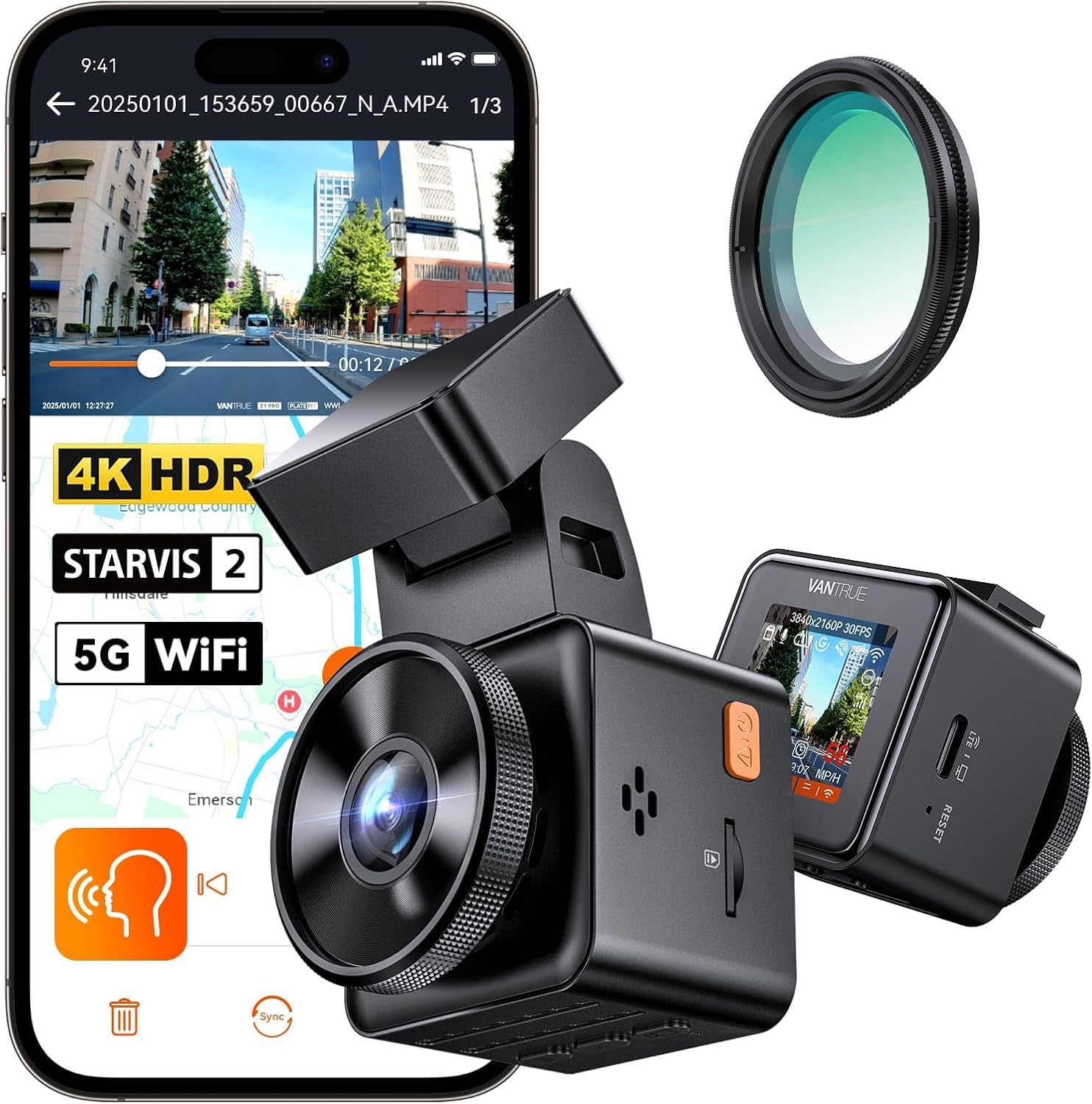 E1 Pro 4K Mini Dash Cam Front, STARVIS 2 PlatePix HDR Night Vision, 5G WiFi & Free CPL,Bluetooth,Voice Control,24H Parking Mode,GPS Car Camera Dash Cam, 1.54" IPS Screen 160°, Support 1TB