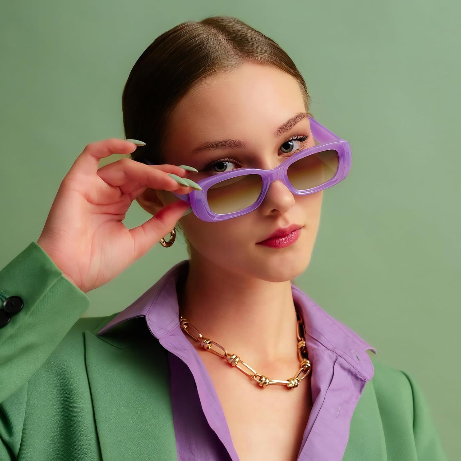 10 Pack Neon/Black Rectangle Sunglasses Bulk for Women Men Retro Trendy Small Rectangle Glasses Party Favors - Image 6