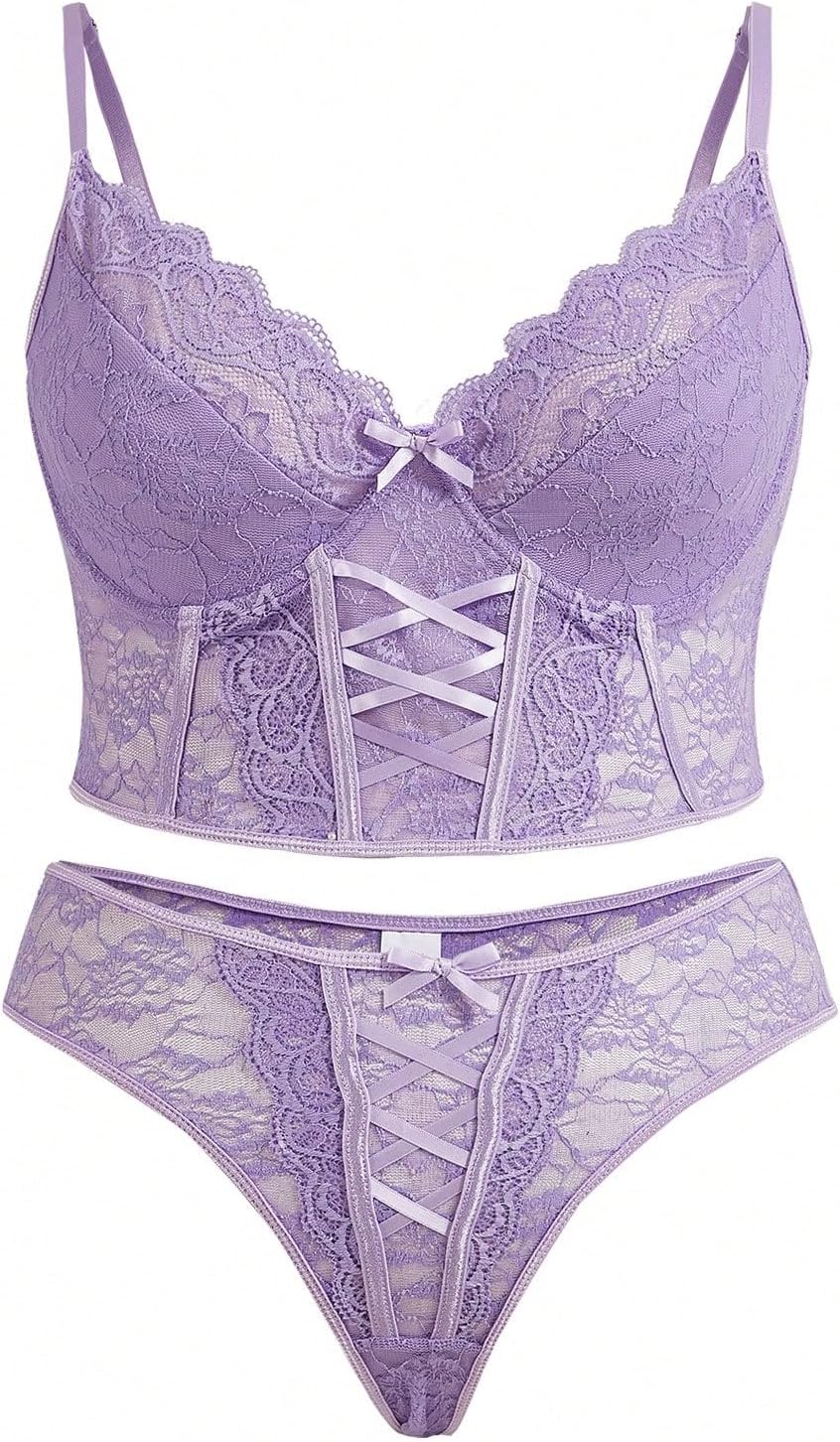 WDIRARA Women's Plus Size Floral Lace Mesh Underwire Lingerie Set Lace Up Bralettes and Panty Sets