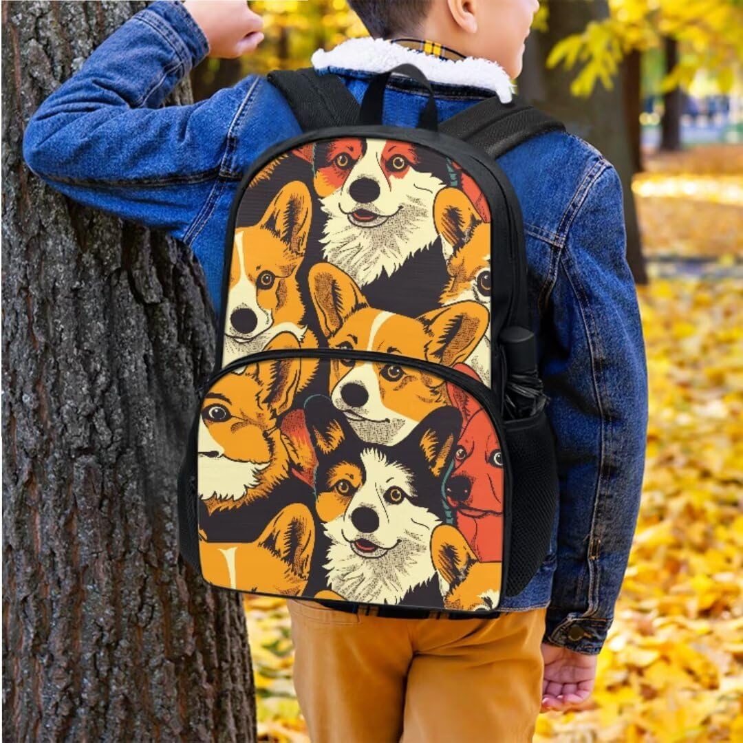 Boys Girls Dog Corgi Backpack with Lunch Box Animal Print Student Bookbag Kids Adjustable Padded Straps Comfy Lightweight Orange Elementary School Backpack And Lunch Bag Set 17 Inch