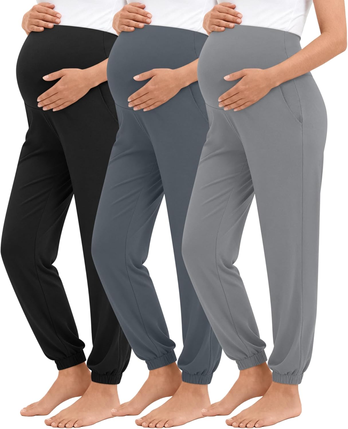 Neer 3 Pack Women's Maternity Pants Over The Belly Stretchy Joggers Pregnancy Casual Lounge Pants with Pockets