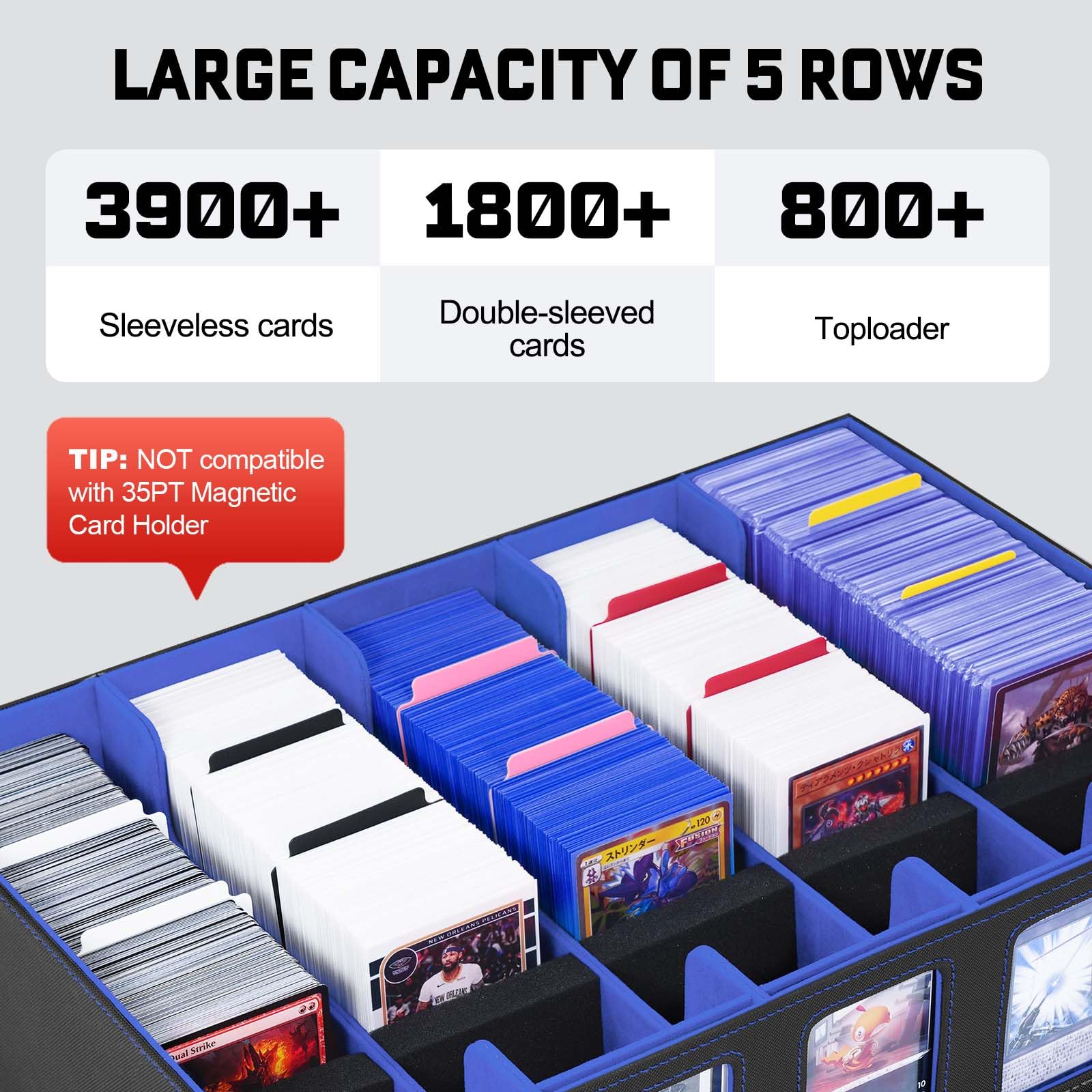 ZLCA Sammelkarten-Aufbewahrungsbox 5-reihig mit Griff, MTG-Aufbewahrungsbox für 3900+ Karten mit Commander-Display, Top-Loader-Organizer-Etui für TCG PTCG Sportkarten (Schwarz&Blau)