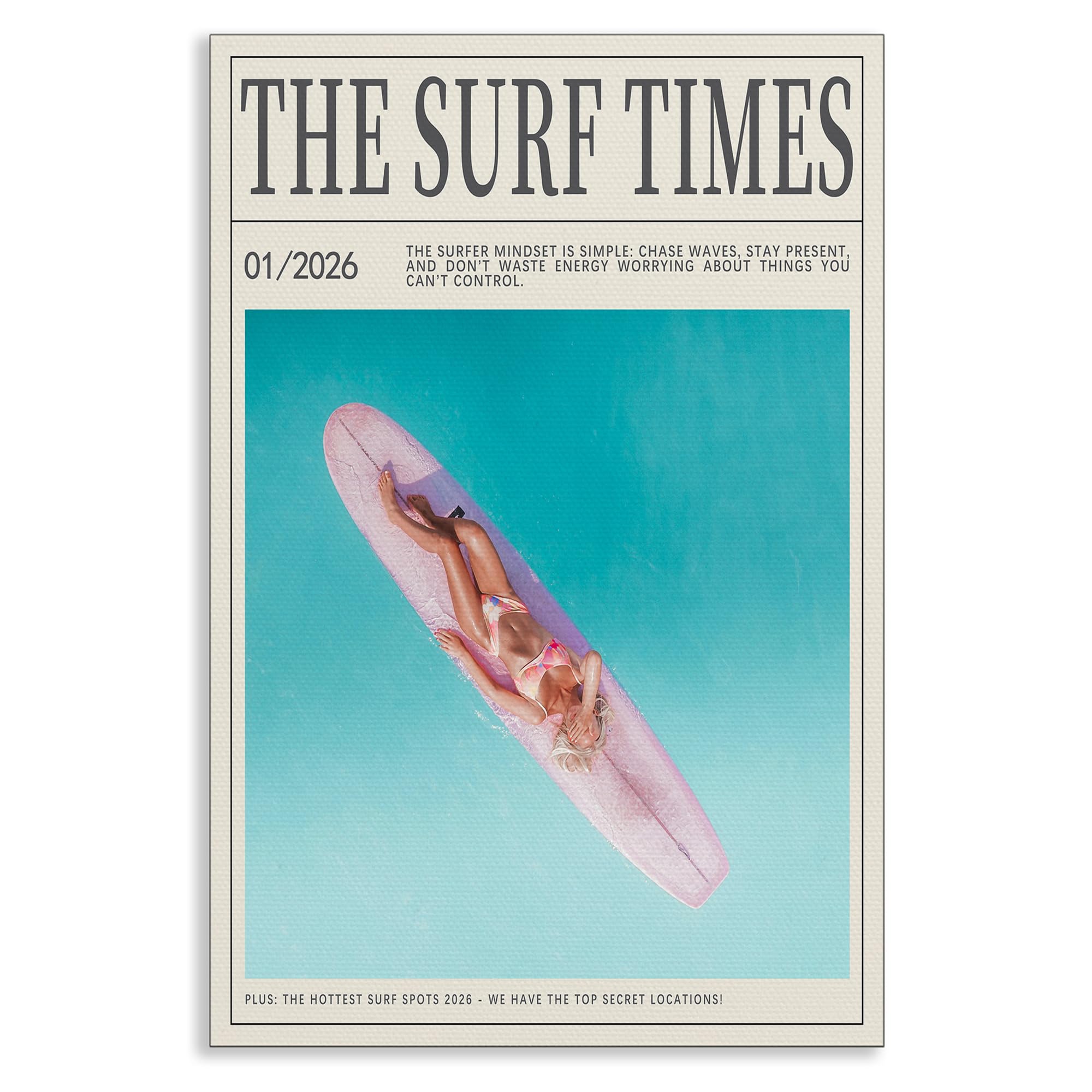 Yuaruo The Surf Times Girl on Pink Surfboard Canvas Wall Art, Green Ocean Newspaper Surfing Poster, Summer Beach Picture Wall Decor, Coastal Beachy Girly Painting for Bedroom 12x16in Unframed