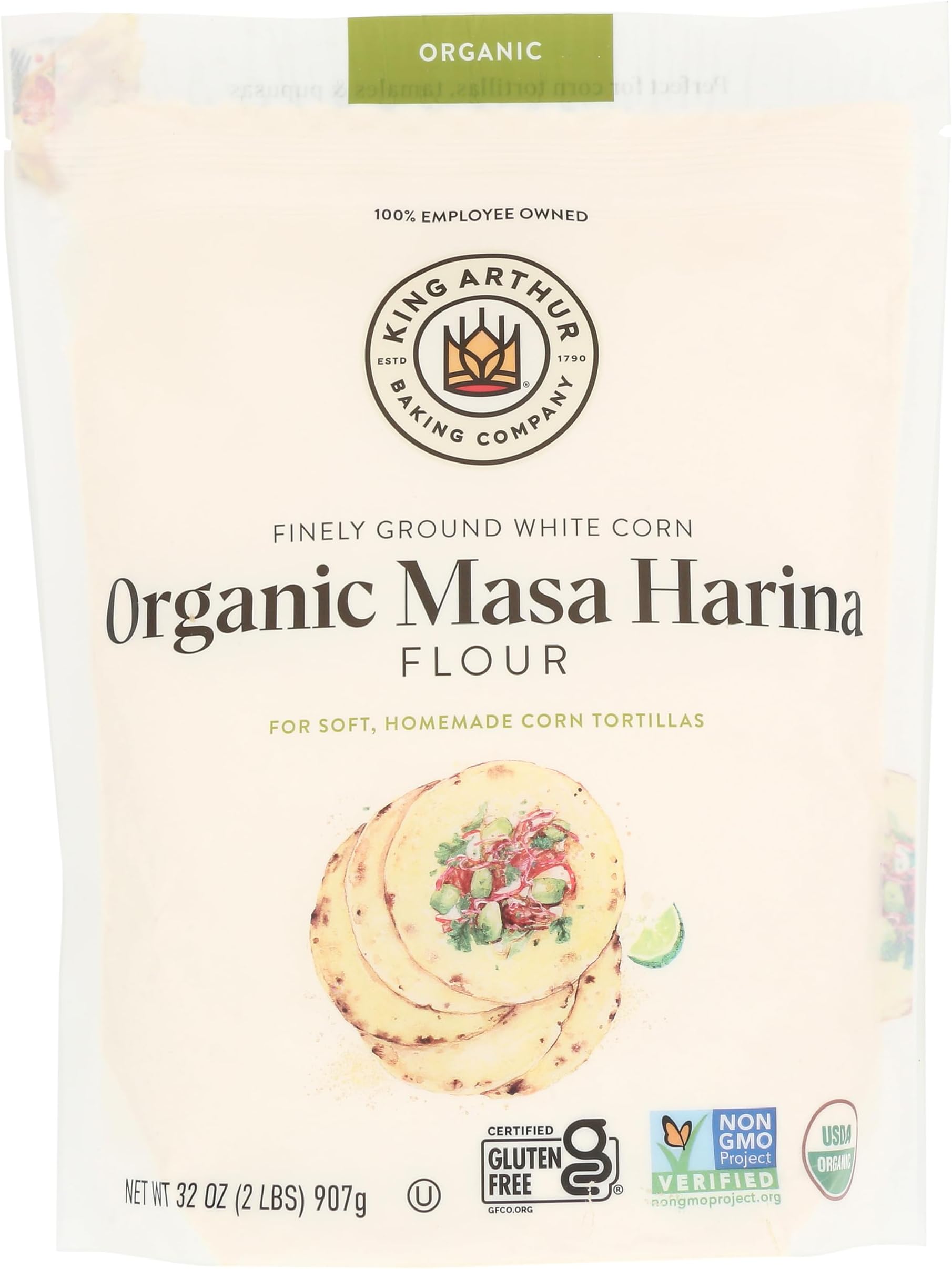 King Arthur Organic Masa Harina Flour, 2 lb (Pack of 1) - Finely Ground White Corn for Soft Homemade Tortillas