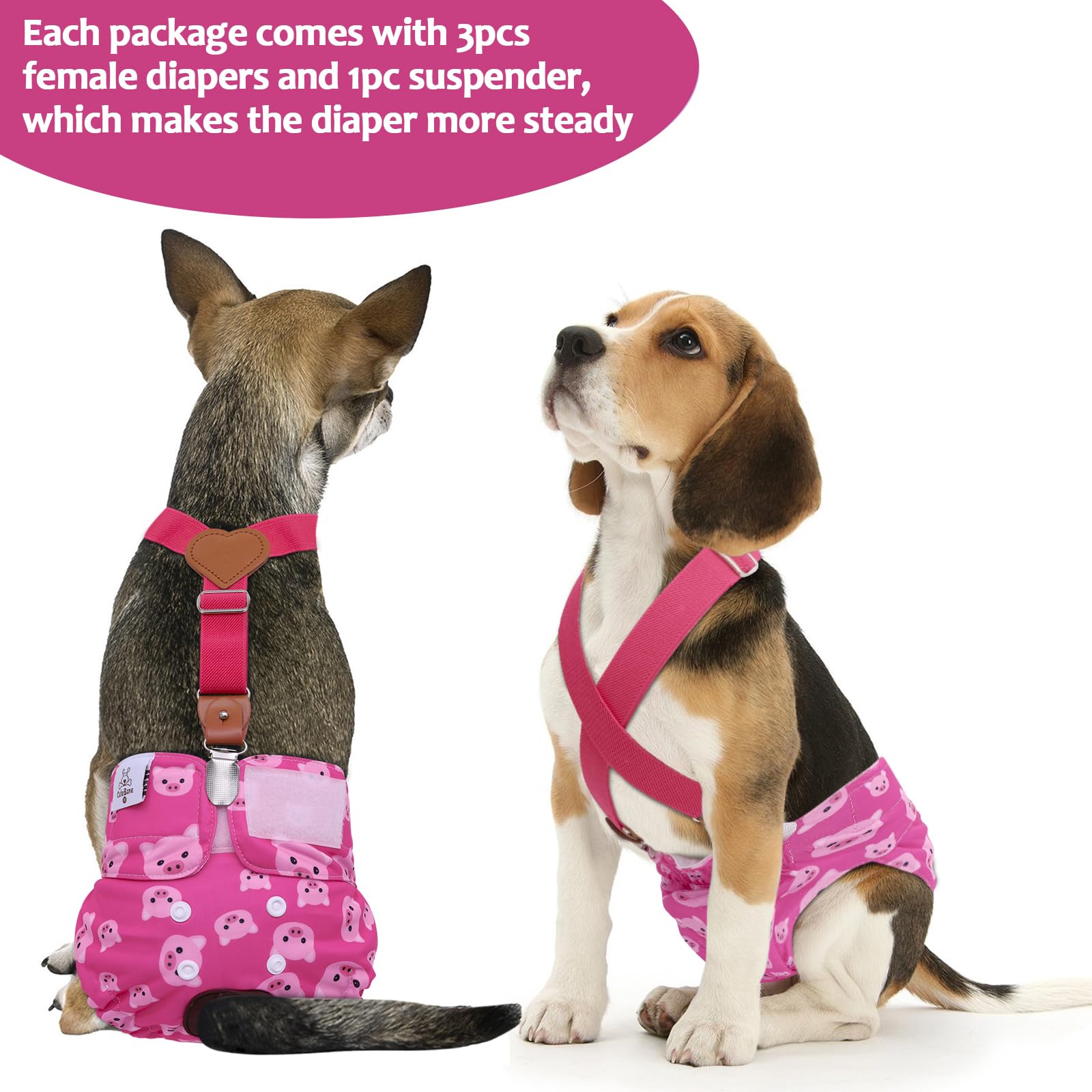 CuteBone Pañales para perras, paquete de 3 pañales lavables para perras con un tirante para ciclo de calor, BDD05L