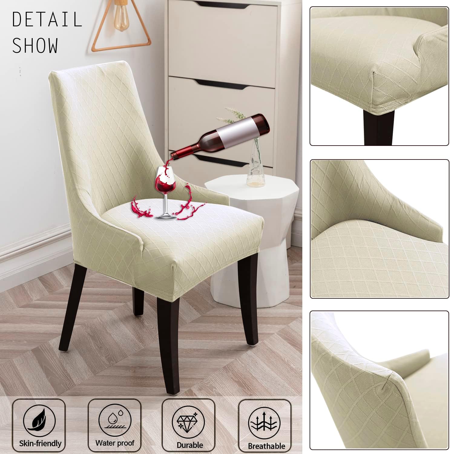 LANSHENG Stretch Rhombic Geometric Wingback Chair Covers Slipcover - Reusable Arm Chair Protector Cover, Washable Dining Chair Covers Protectors for Dining Room (Beige, Set of 2)